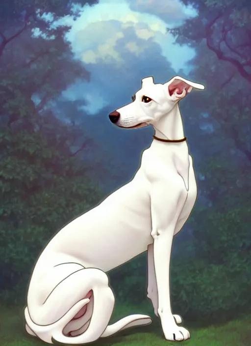 Image similar to cute white greyhound, natural lighting, path traced, highly detailed, high quality, digital painting, by don bluth and ross tran and studio ghibli and alphonse mucha, artgerm