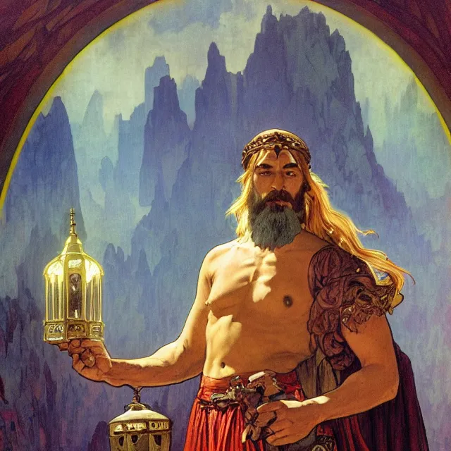 Prompt: an aesthetic! a detailed portrait of a man in a long beard, with a crown, holding a lantern with mountains of gold in the background, by frank frazetta and alphonse mucha, oil on canvas, art nouveau dungeons and dragons fantasy art, dramatic, hd, god rays, ray tracing, crisp contour lines, huhd