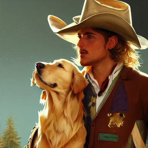 Prompt: Golden Retriever dressed as a Cowboy, highly detailed, digital painting, artstation, concept art, smooth, sharp focus, illustration, art by artgerm and greg rutkowski and alphonse mucha