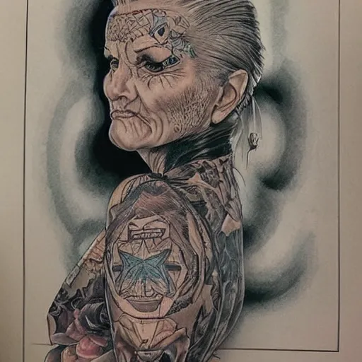 Image similar to a beautiful portrait of a heavily tattooed older woman Travis Charest style