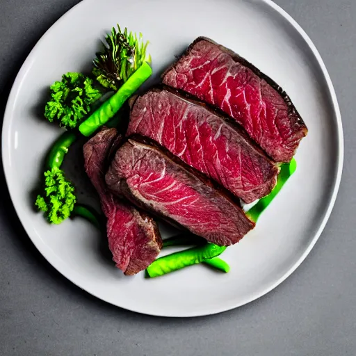 Prompt: a plate of wagyu steak, food photography