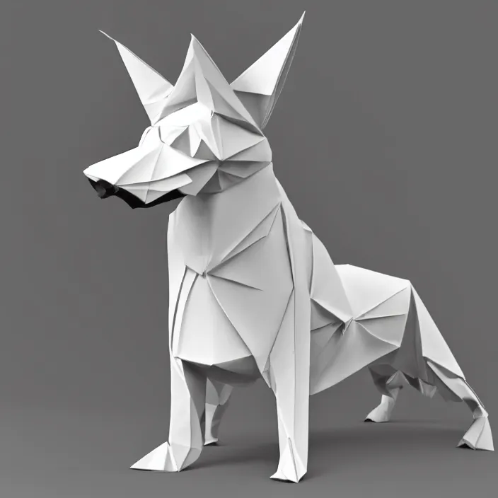 Image similar to low poly, isometric 3 d, white background, high definition, origami dog wearing a crown, hd, 4 k, 8 k