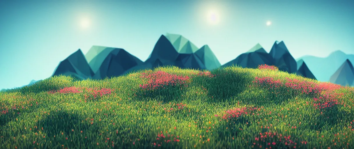 Image similar to 3 d render, mountain landscape, digital art, low poly art, minimalist, flowers, lowpoly landscape, particles floating, unreal engine, dreamy, bokeh, bounce light, sunny, complementary palette, redsinski