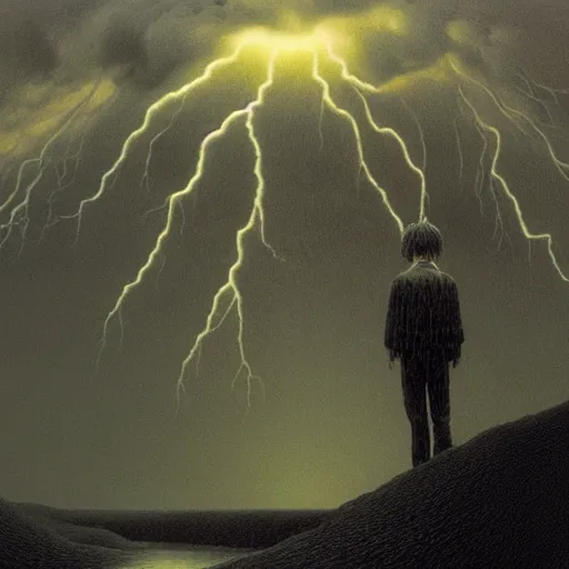 Image similar to killua zoldyck made by zdzisław beksinski, thunderstorm, 8 k, detailed, cinematic, rain, crying, black