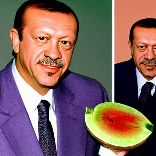 Image similar to recep tayyip erdogan smiling holding watermelon for a 1 9 9 0 s sitcom tv show, studio photograph, portrait c 1 2. 0