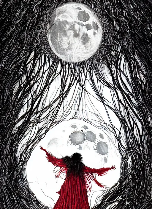 Image similar to portrait, A Witch from behind with long hair levitating in front of the full big moon, book cover, red white and black colors, establishing shot, extremly high detail, foto realistic, cinematic lighting, pen and ink, intricate line drawings, by Yoshitaka Amano, Ruan Jia, Kentaro Miura, Artgerm, post processed, concept art, artstation, matte painting, style by eddie mendoza, raphael lacoste, alex ross