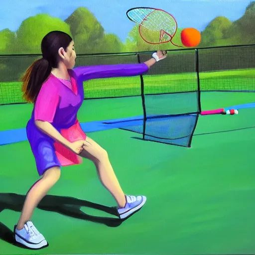 Prompt: oil painting of girl playing badminton at college