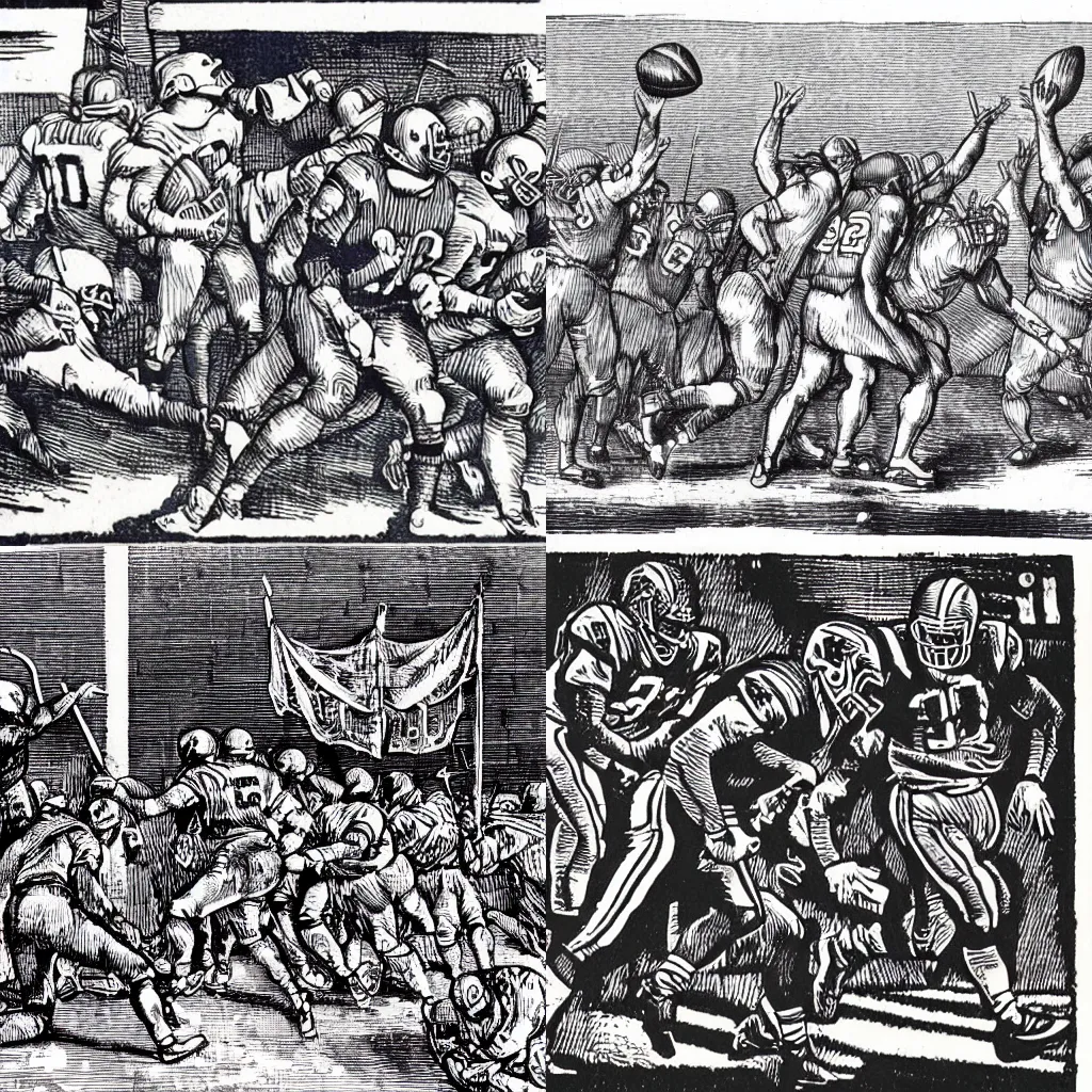 Prompt: the new england Patriots score a touchdown in the style of Albrecht Dürer woodcut