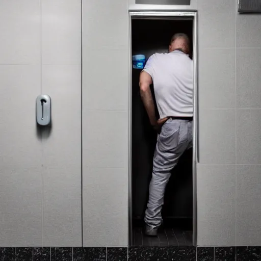 Prompt: man holding in explosive diarrhea waits for bathroom stall, stock photo, 4k, ultra detailed, istockphoto