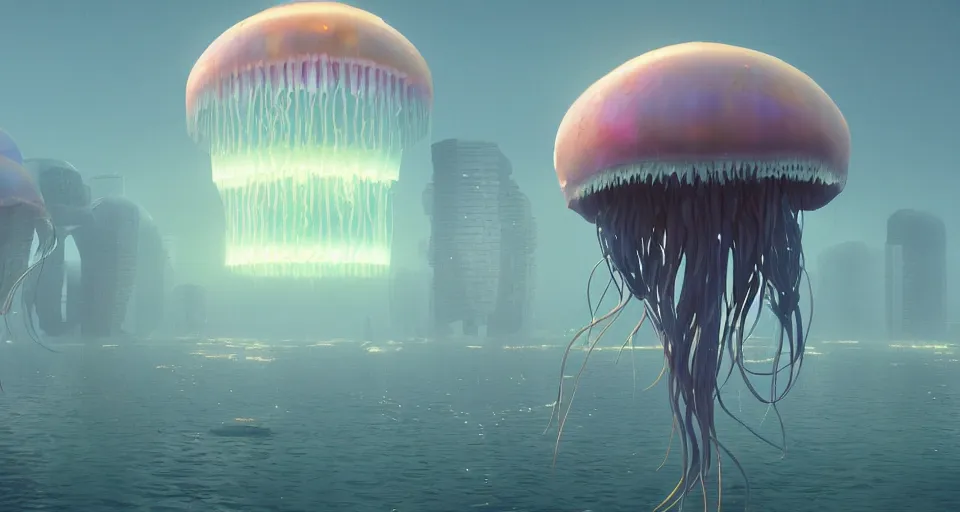 Prompt: A Jellyfish city rendered by Beeple, Makoto Shinkai, syd meade, simon stålenhag, environment concept, digital art, unreal engine, WLOP, trending on artstation, low level, 4K UHD image, octane render,