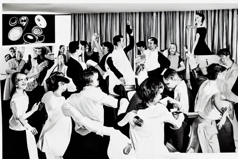 Prompt: “Photograph of a party with people dancing in luxurious modern mid century house. Fun. Retro advert style.”