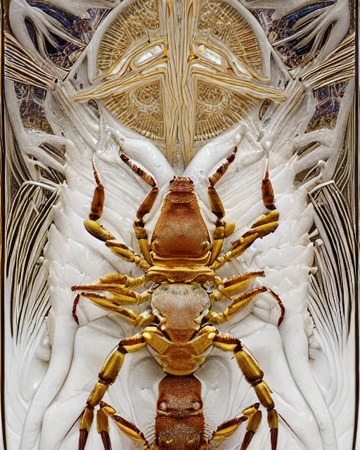 Image similar to symmetry, white marble, white marble bas relief sculpture, white and gold kintsugi, feminine shapes, crabs, spiders, scorpions, tarantulas, stunning, art by hr geiger and ridley scott and alphonse mucha and josephine wall, highly detailed, intricately detailed, art nuevo, octane, 8 k, trending on artstation