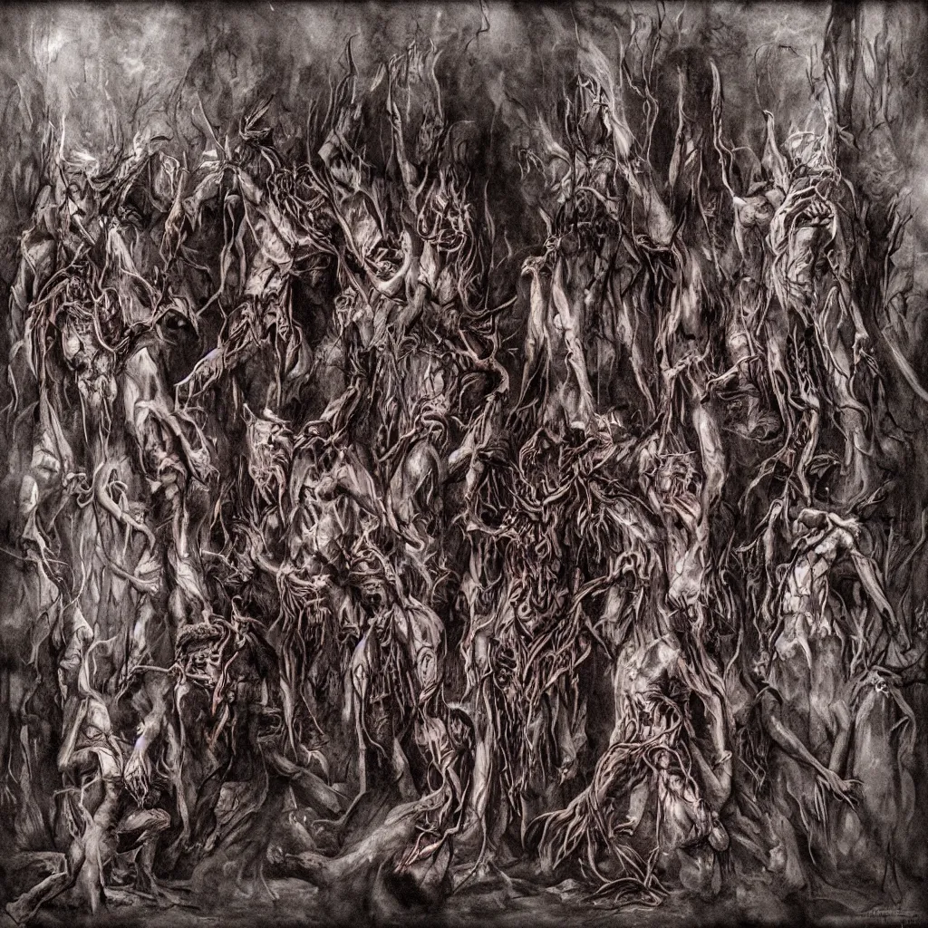 Image similar to slowly going insane walking through a doorway into ritual blood dancers