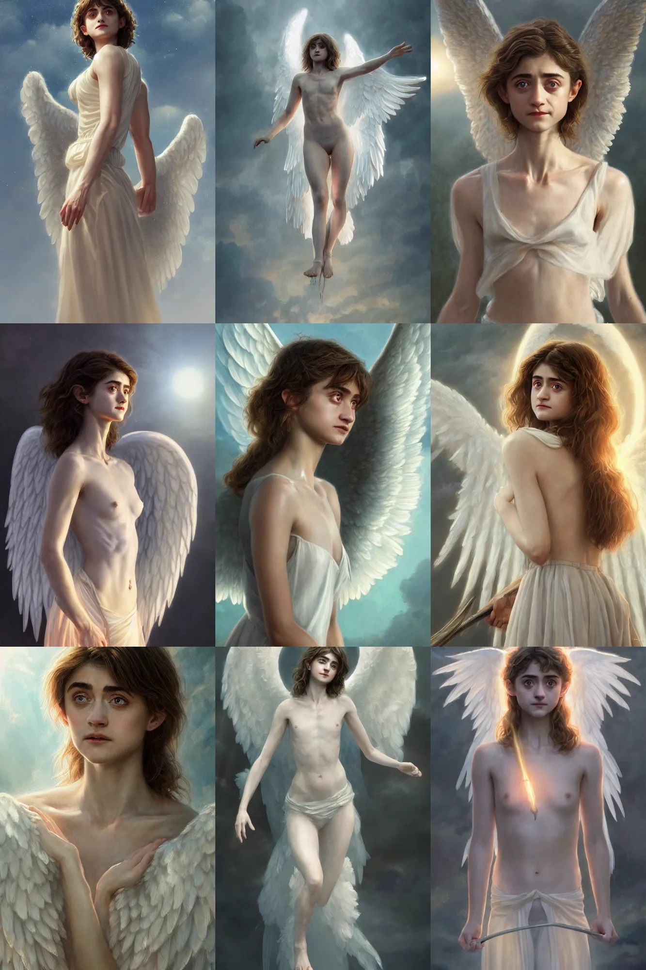 Prompt: natalia dyer as a heavenly angel, anatomy, bathing in light, highly detailed, photorealistic, artstation, smooth, sharp focus, illustration, unreal engine 5, 8 k, art by artgerm and greg rutkowski and edgar maxence