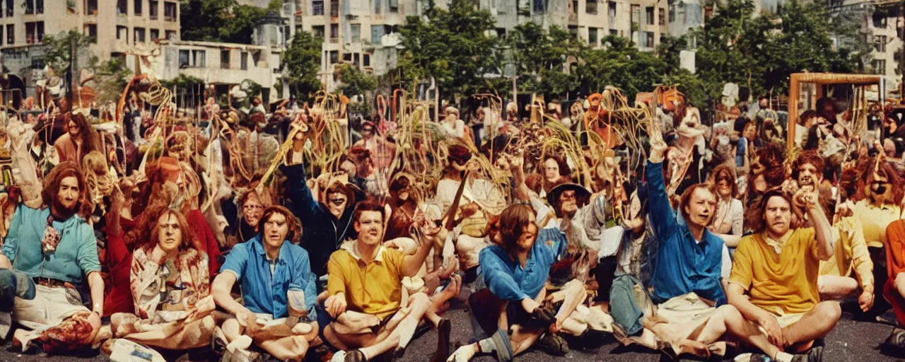 Prompt: hippies protesting spaghetti, 1 9 6 0's, high detail, canon 5 0 mm, wes anderson film, kodachrome