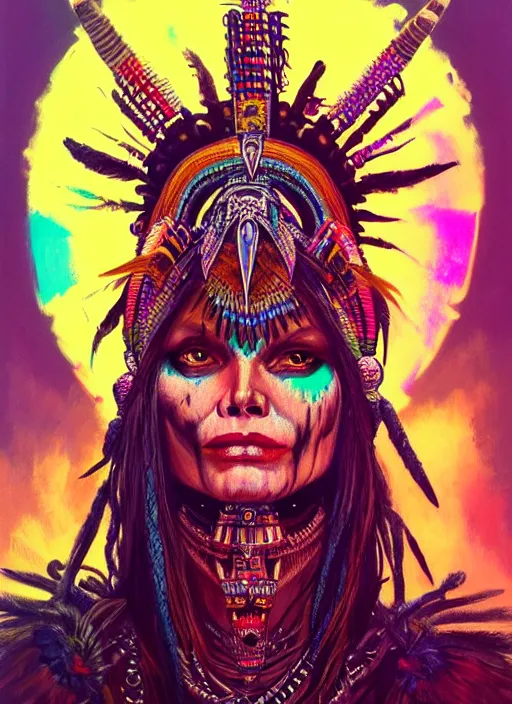 Prompt: portrait of michelle pfeiffer, hyper detailed ultra sharp aztec shaman warrior. trending on artstation, warpaint aesthetic, bloodwave, colorful, psychedelic, ornate, intricate, digital painting, concept art, smooth, sharp focus, illustration, art by artgerm and greg rutkowski and h. r. giger, 8 k