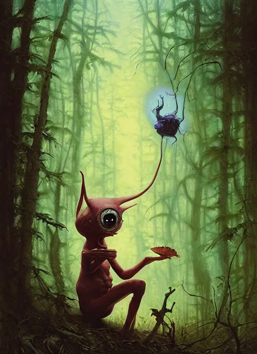 Image similar to cute alien in the woods by a river gorgeous lighting, lush forest foliage blue sky a hyper realistic painting by chiara bautista and beksinski and norman rockwell and greg rutkowski, tom bagshaw weta studio, and lucasfilm