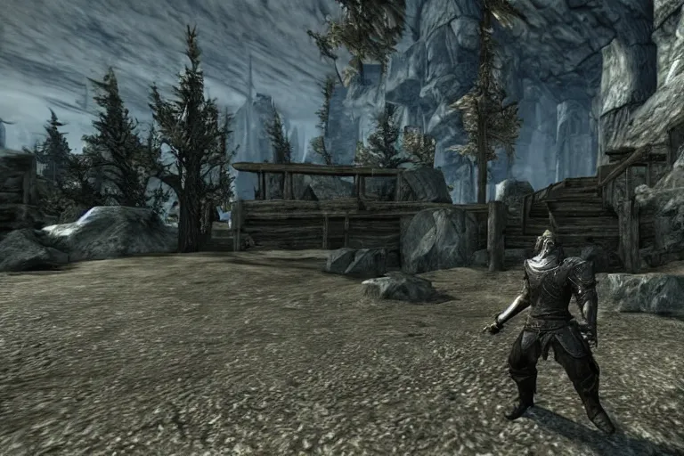 Image similar to the player fighting against a denim blue audi a 4 b 6 avant in skyrim, the elder scrolls v : skyrim gameplay footage