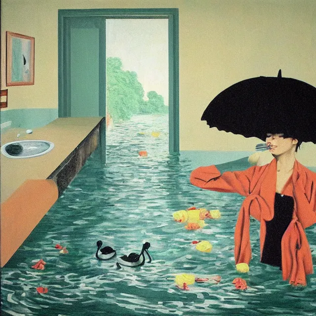 Image similar to painting of flood waters inside an apartment, emo catgirl art student, a river flooding inside, taps with running water, tangelos, zen, pigs, ikebana, water, river, rapids, waterfall, black swans, canoe, pomegranate, berries dripping, acrylic on canvas, surrealist, by magritte and monet