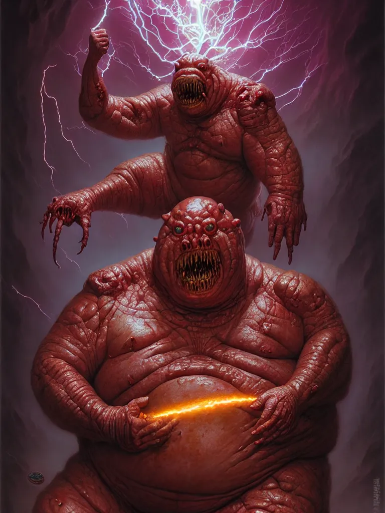 Prompt: hyperrealistic rendering, fat smooth cronenberg flesh monster epic heavy metal overlord by donato giancola and greg rutkowski and wayne barlow and zdzisław beksinski, eyeballs, lightning, magic runes, product photography, action figure, sofubi, studio lighting, colored gels, colored background