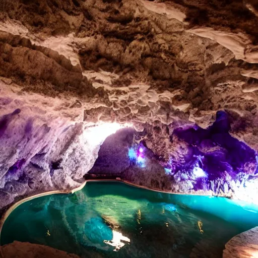 Prompt: photo inside a cave made of amethyst and and a hot spring