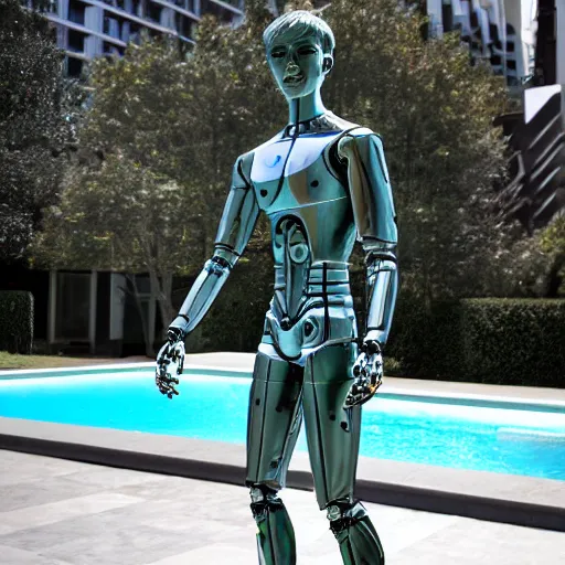 Image similar to a realistic detailed photo of a guy who is an attractive humanoid who is half robot and half humanoid, who is a male android, soccer player martin ødegaard, shiny skin, posing like a statue, blank stare, by the pool, on display, showing off his muscles, humanoid robot, frozen ice statue