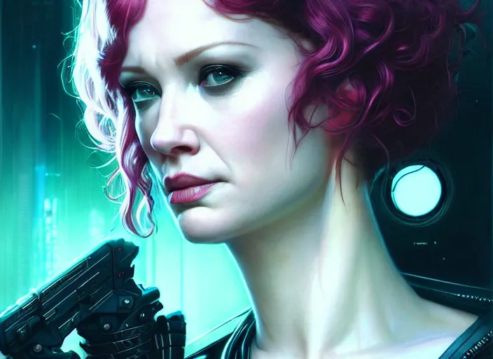 Image similar to portrait shot of a christina hendricks wearing cyberpunk clothing in cyberpunk 2 0 7 7, intricate, elegant, highly detailed, centered, digital painting, artstation, concept art, smooth, sharp focus, illustration, artgerm, tomasz alen kopera, peter mohrbacher, donato giancola, joseph christian leyendecker, wlop, boris vallejo