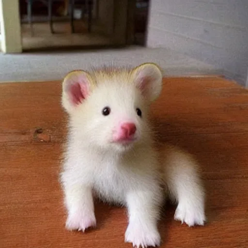 Prompt: Wow! This small baby animal on the wooden table is so cute!