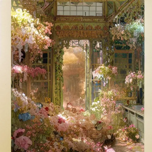 Prompt: a beautifull intricate watercolour painting of a victorian confectionery room with many flowers and, reflexions, verry high details by william turner art, greg rutkowski and alphonse mucha, trending on artstation, very very detailed, masterpiece,