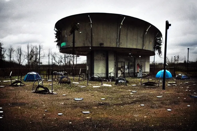 Prompt: post apocalyptic over grown leisure centre being used as shelter, night!!!!, barrel fires and tents, low light