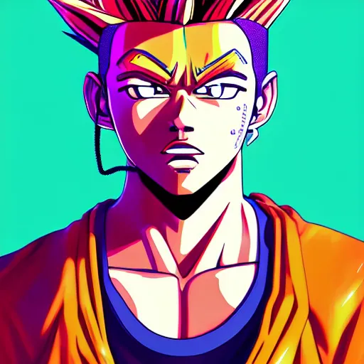 Image similar to a award winning half body portrait of drip goku, outrun, vaporware, shaded flat illustration, digital art, trending on artstation, highly detailed, fine detail, intricate, sensual, elegant, seductive