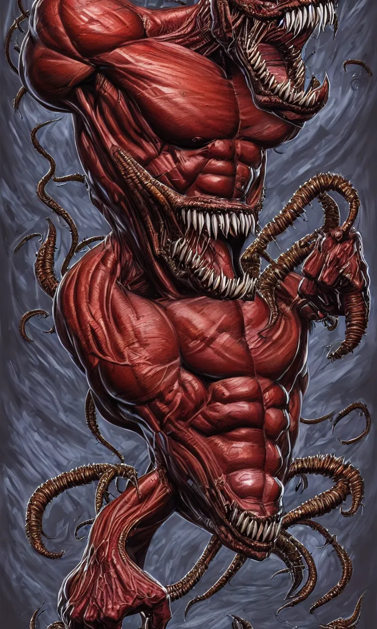 Prompt: hyper realistyc anatomically acurate full body long shot of bodybuilder venom from marvel comics!!!!, large mouth with teeth, lovecraftian horror, fantasy, intricate, elegant, highly detailed, digital painting, artstation, concept art, matte, sharp focus, illustration, art by glenn fabry