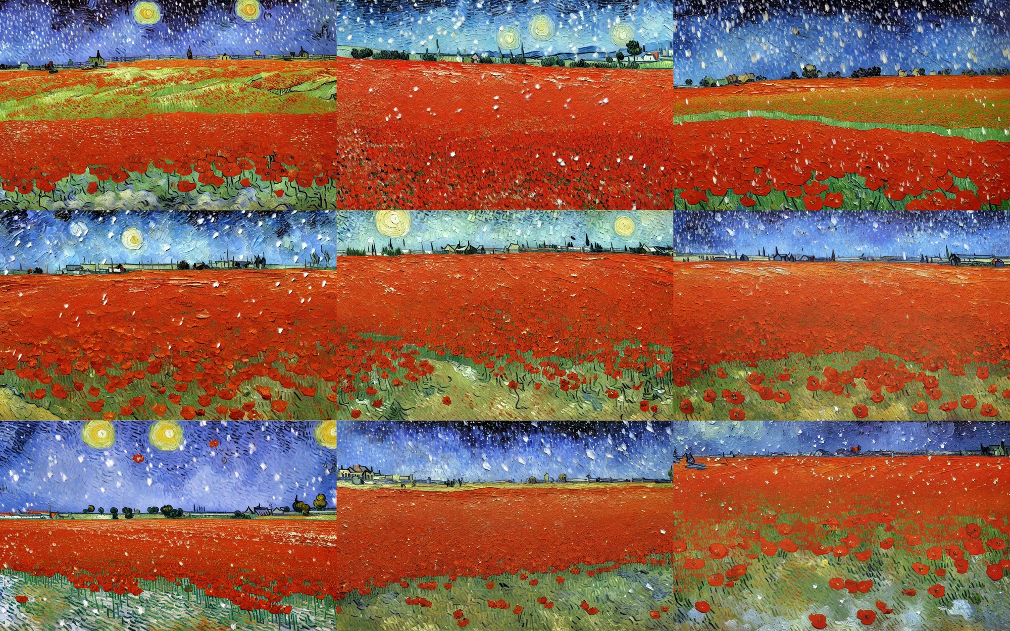 Prompt: detailed expressionist oil painting by van gogh of a poppy field in winter, falling snow on a field with scattered red poppies, winter landscape painting, silent snowfall, expressionism, 8 k resolution, smooth, sharp focus, matte painting