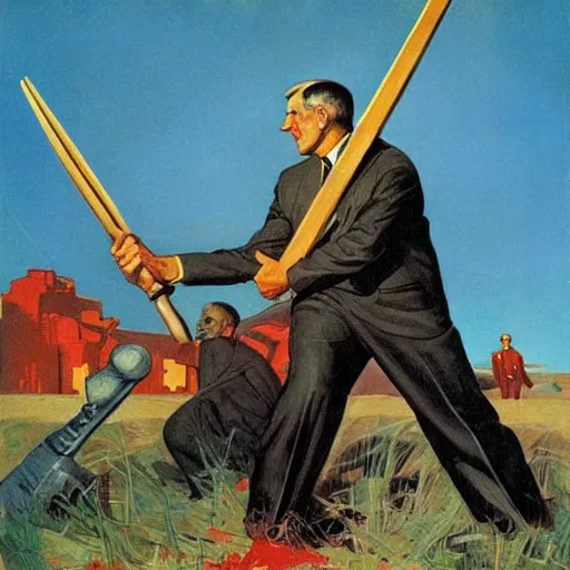 Image similar to soviet propaganda of robert mueller holding a hammer and sickle in realistic collective farm, by j. c. leyendecker, bosch, and beksinski