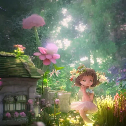 Image similar to a tiny cute fairy in a flower house, beautiful face, large eyes, cute, adorable, volumetric light, octane render, studio ghibli, trending on artstation