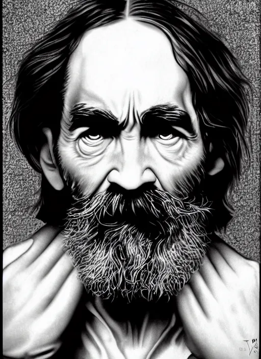 Image similar to close up high contrast portrait with 8 5 mm lens depicting charles manson as a muppet, by alex grey