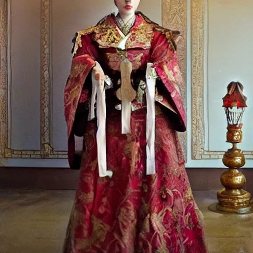 Image similar to An empress bridal ensemble is shown in a museum in a 1900s historical fantasy portrait that combines Russian and Japanese influences.