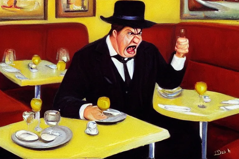 Prompt: a grumpy busser in a restaurant yells at the owner, art by dean macadam