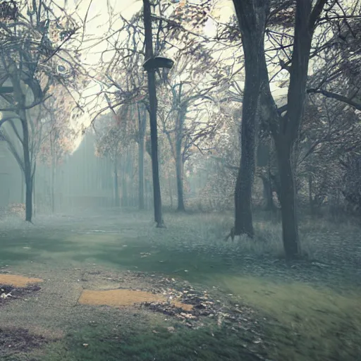 Image similar to retro-futuristic fallout abandoned park fog ultrarealistic photorealistic 8k