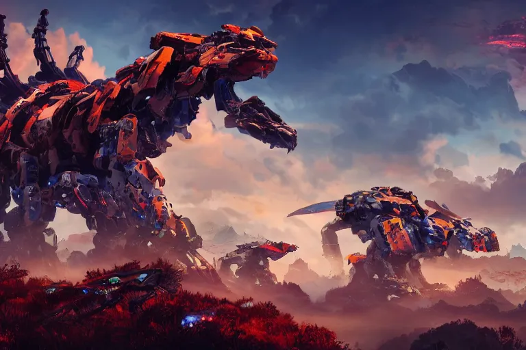 Image similar to ravager machine mecha animal beast robot of horizon forbidden west horizon zero dawn bioluminiscence global illumination ray tracing hdr fanart arstation by sung choi and eric pfeiffer and gabriel garza and casper konefal