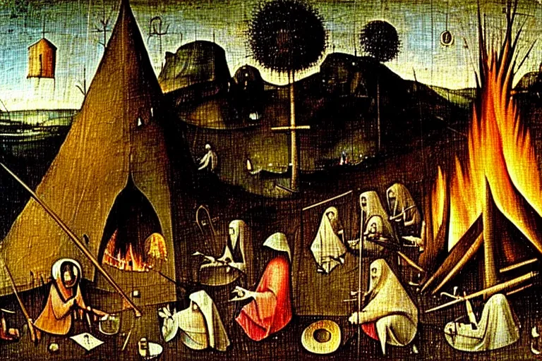 Prompt: hieronymus bosch painting of a campsite with bonfire