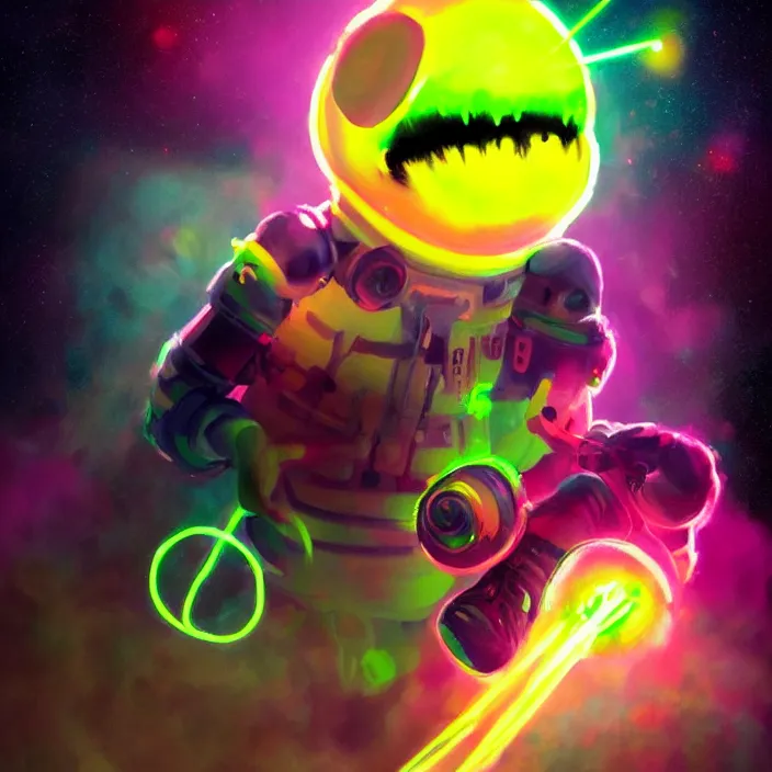 Image similar to cinematic portrait of a cute tennis ball monster in space, neon lasers, chalk, masterpiece, trending on artstation, featured on pixiv, cinematic composition, dramatic pose, beautiful lighting, sharp details, hyper - detailed, hd, hdr, 4 k, 8 k, art by basil gogos