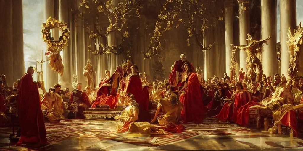 Image similar to beautiful oil painting, steve buscemi in royal crimson robes enthroned as the god emperor of ancient rome surrounded by servants in gilded halls a golden wreath upon his head, by anders zorn, wonderful masterpiece by greg rutkowski, beautiful cinematic light, american romanticism, by thomas lawrence, greg rutkowski