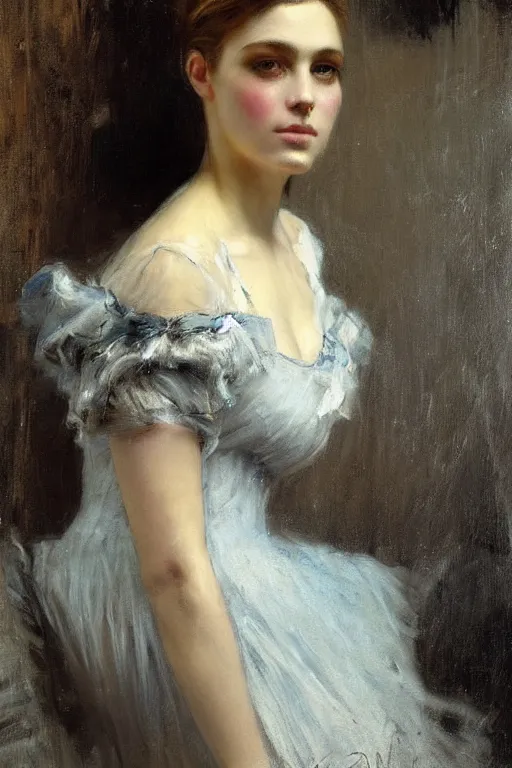 Image similar to Solomon Joseph Solomon and Richard Schmid and Jeremy Lipking victorian genre painting full length portrait painting of a young beautiful woman victorian rich dancer