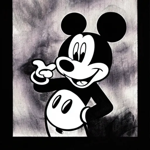 Image similar to Mickey Mouse with a malevolent smile, Yoji Shinkawa, Manga art, style of Ink