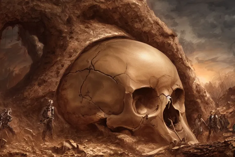 Prompt: a giant skull being unearthed in an excavation site, digital painting, mixed media, trending on artstation and deviantart, epic composition, magnum opus, highly detailed, 8 k