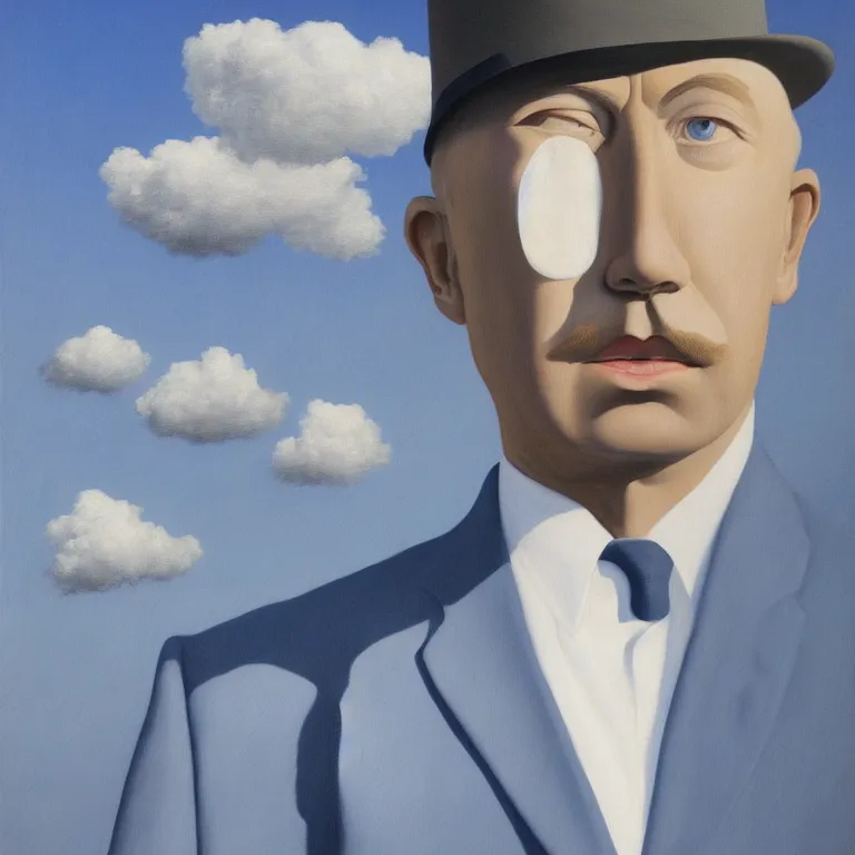 Prompt: portrait of a faceless shadow - head man in a suit, clouds in the background, by rene magritte, detailed painting, distance, centered, hd, hq, high resolution, high detail, 4 k, 8 k