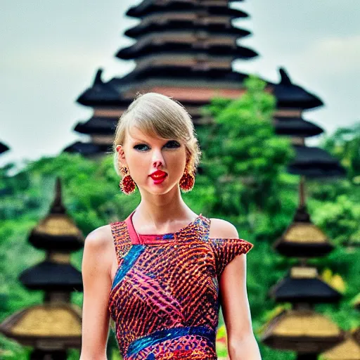 Prompt: a photo of taylor swift wearing batik bali when holiday in bali. blurred temple background. front view. sigma 8 5 mm lens f / 1. 4. award winning photography, perfect faces, instagram photo shoot