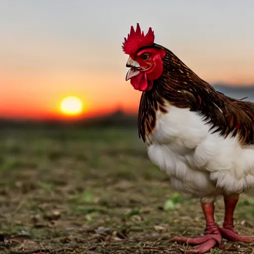 Image similar to a chicken eating a human, cinematic shot, sunset,