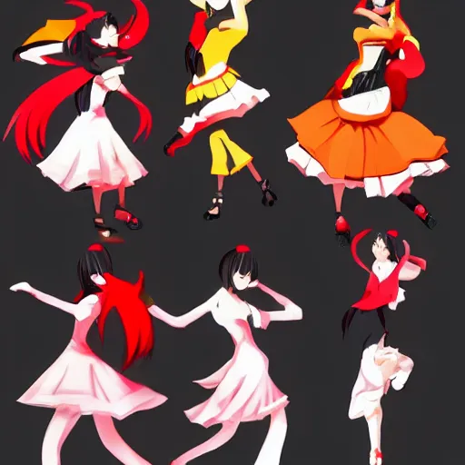 Prompt: Bakemonogatari characters dancing flamenco, anime style, incredible quality, trending on artstation